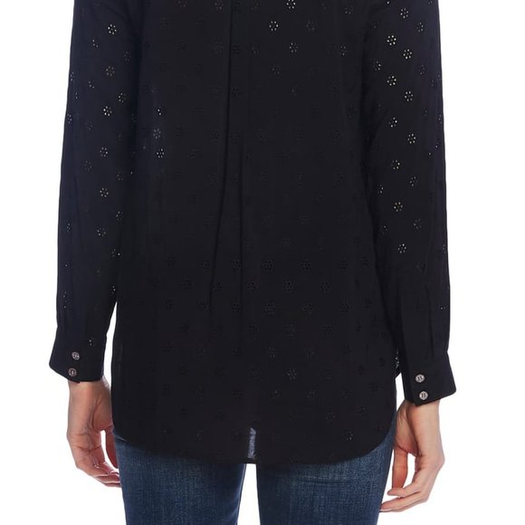 Vince Camuto Long Sleeve Split Neck Embroidered Black Blouse - Picture 6 of 10